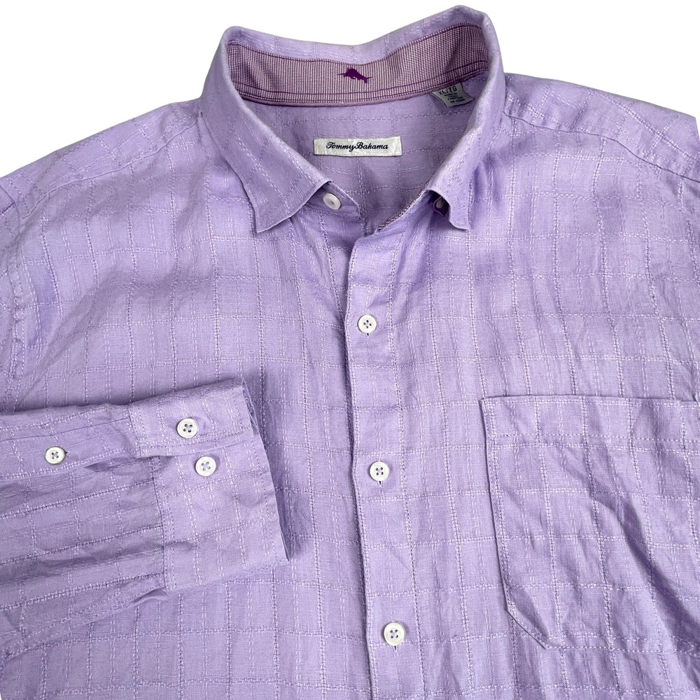 Tommy Bahama Mens XL Purple 100% Linen Windowpane Textured Long Sleeve Button Up